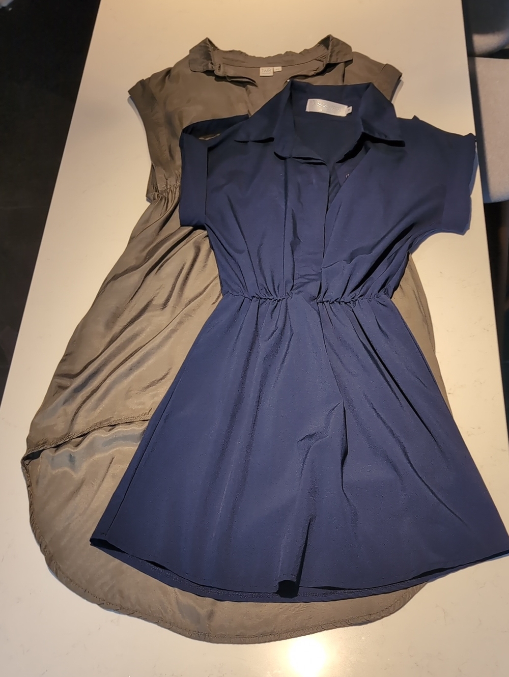 Navy Short-Sleeve Shirt Dress with Elastic Waist